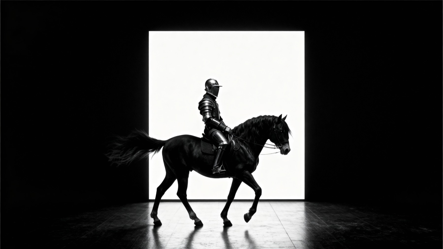 Black knight riding a horse in a studio