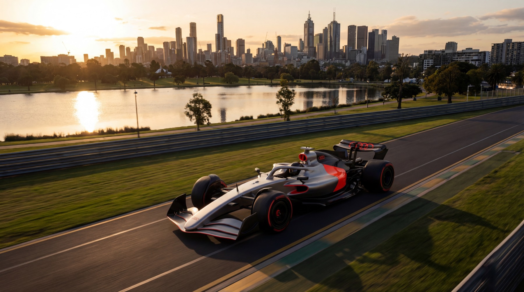 Formula car moving through a city track