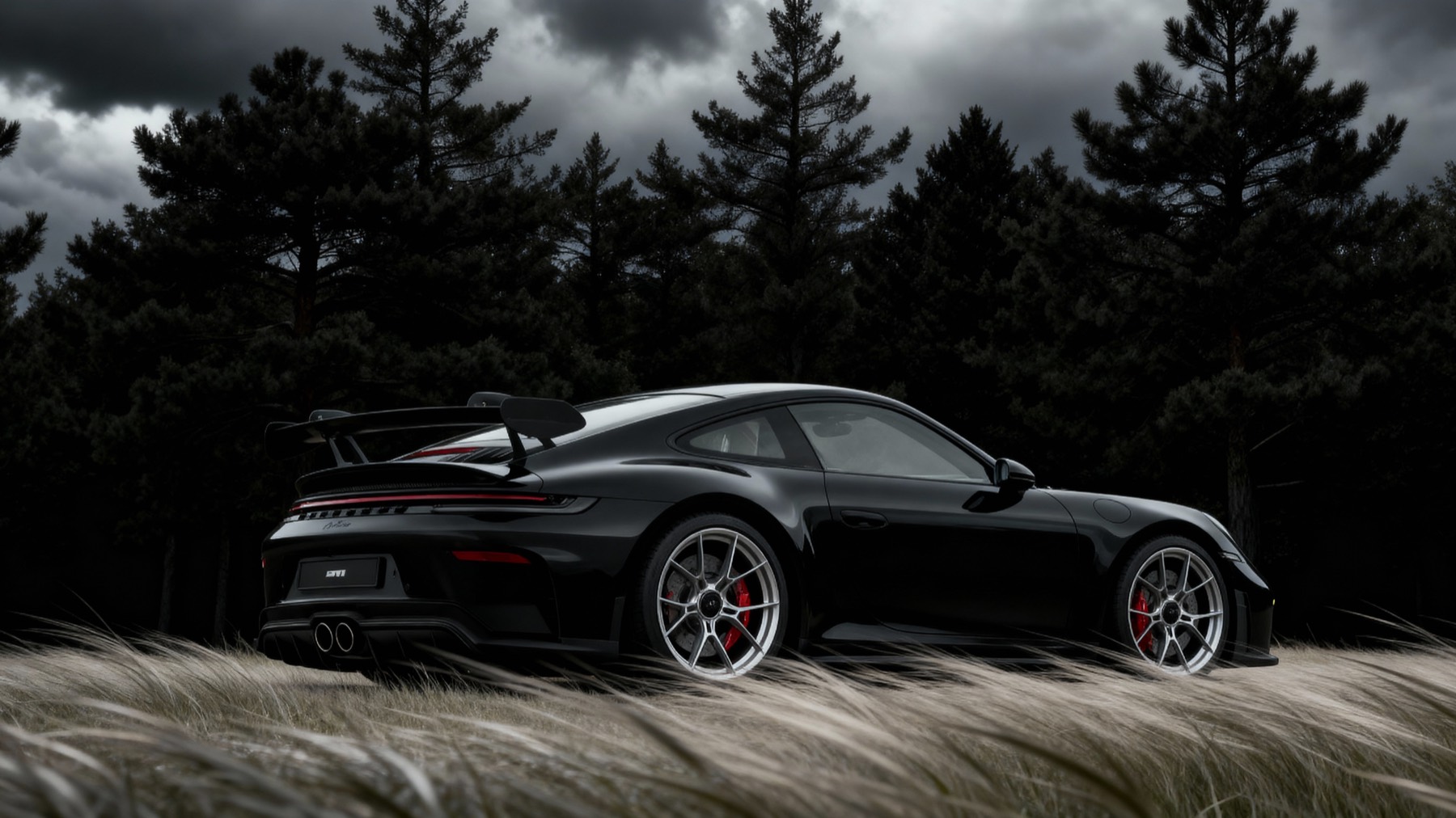 Black sports car in a storm forest