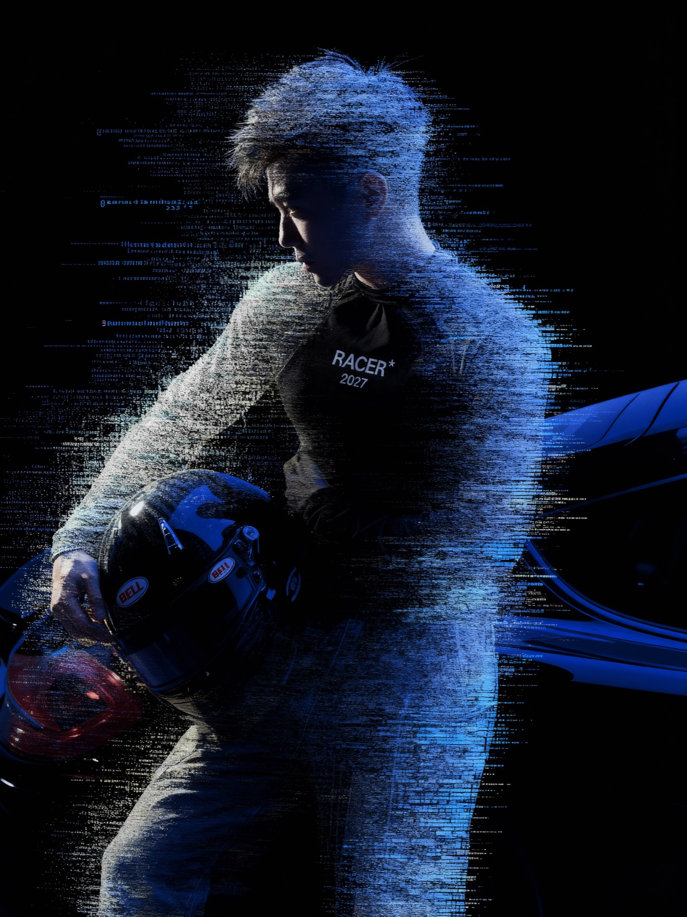 RAWstudio digital portrait in blue algorithm particles
