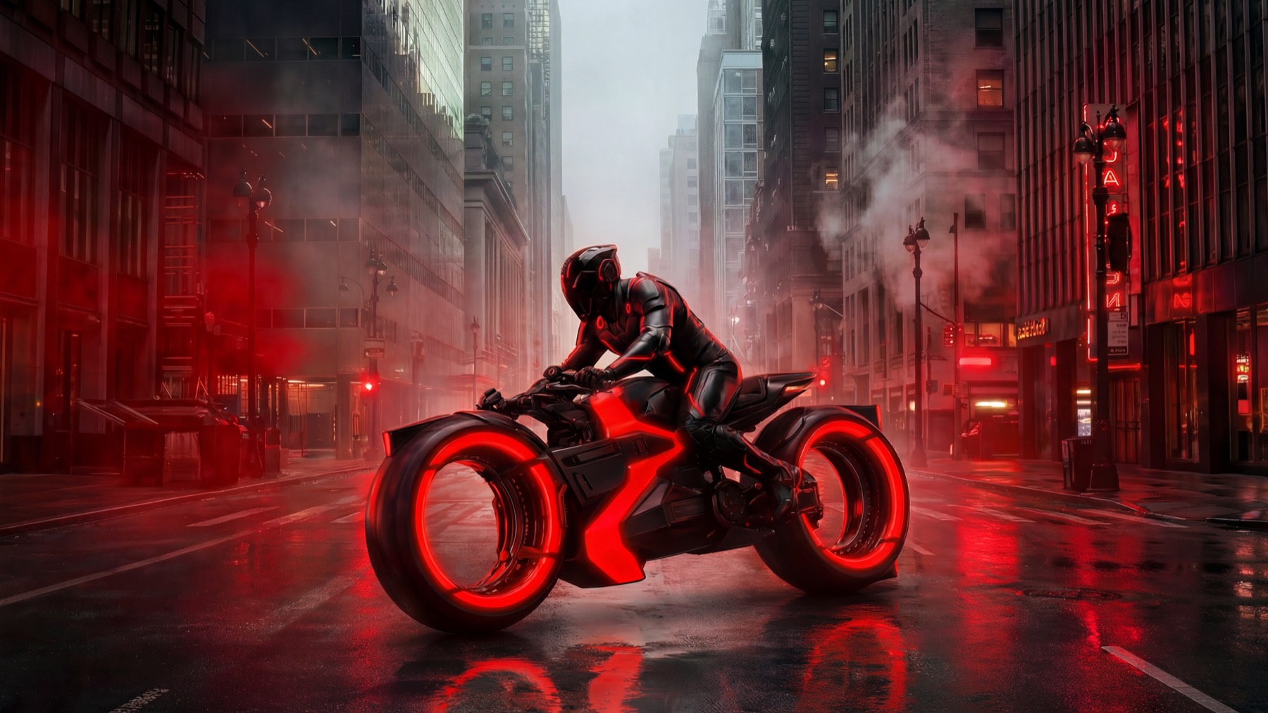 Futuristic motorcycle in red city light