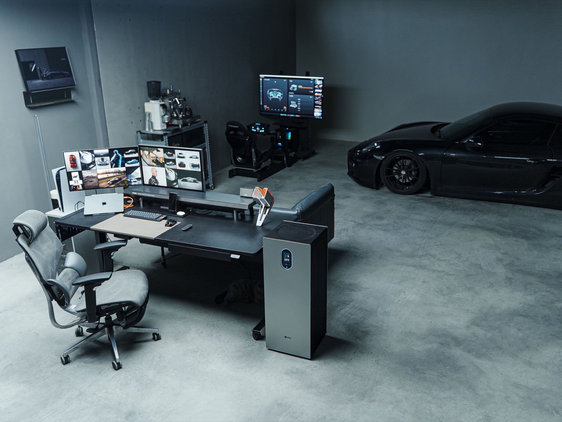 Modern minimal garage studio creator station with car and work desk